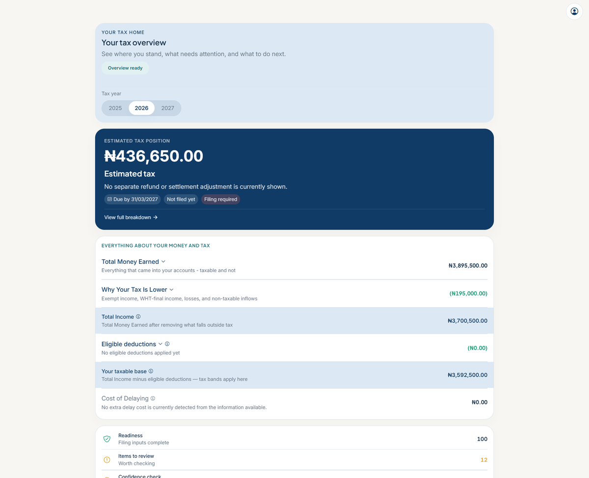 KlaroTax — your tax overview: estimated tax position with full breakdown