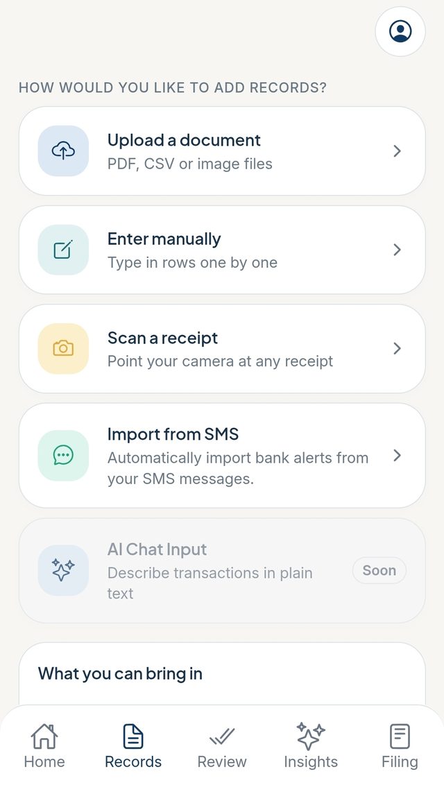 KlaroTax mobile screen listing ways to add records, such as uploading a document or entering transactions manually.