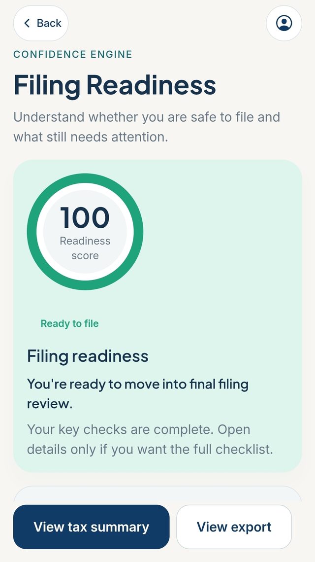 KlaroTax on mobile — filing readiness score 100