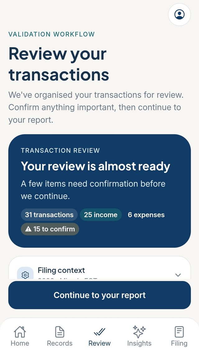 KlaroTax mobile Review screen showing transactions ready for review.
