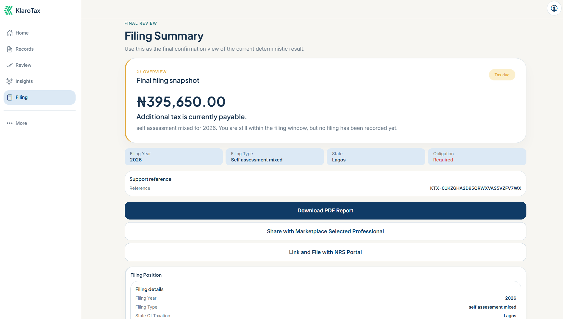 KlaroTax — filing summary