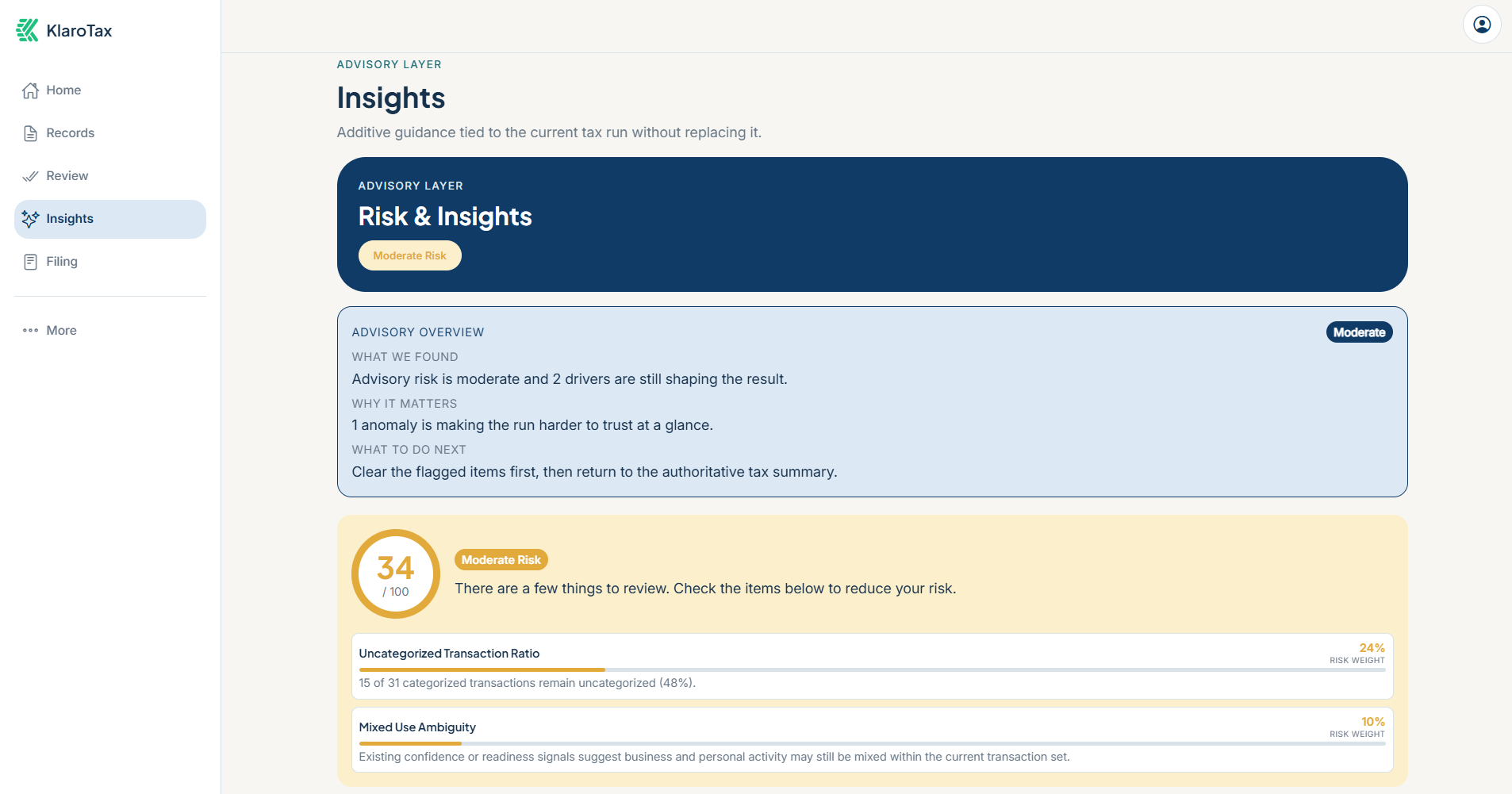 KlaroTax — advisory insights and risk score