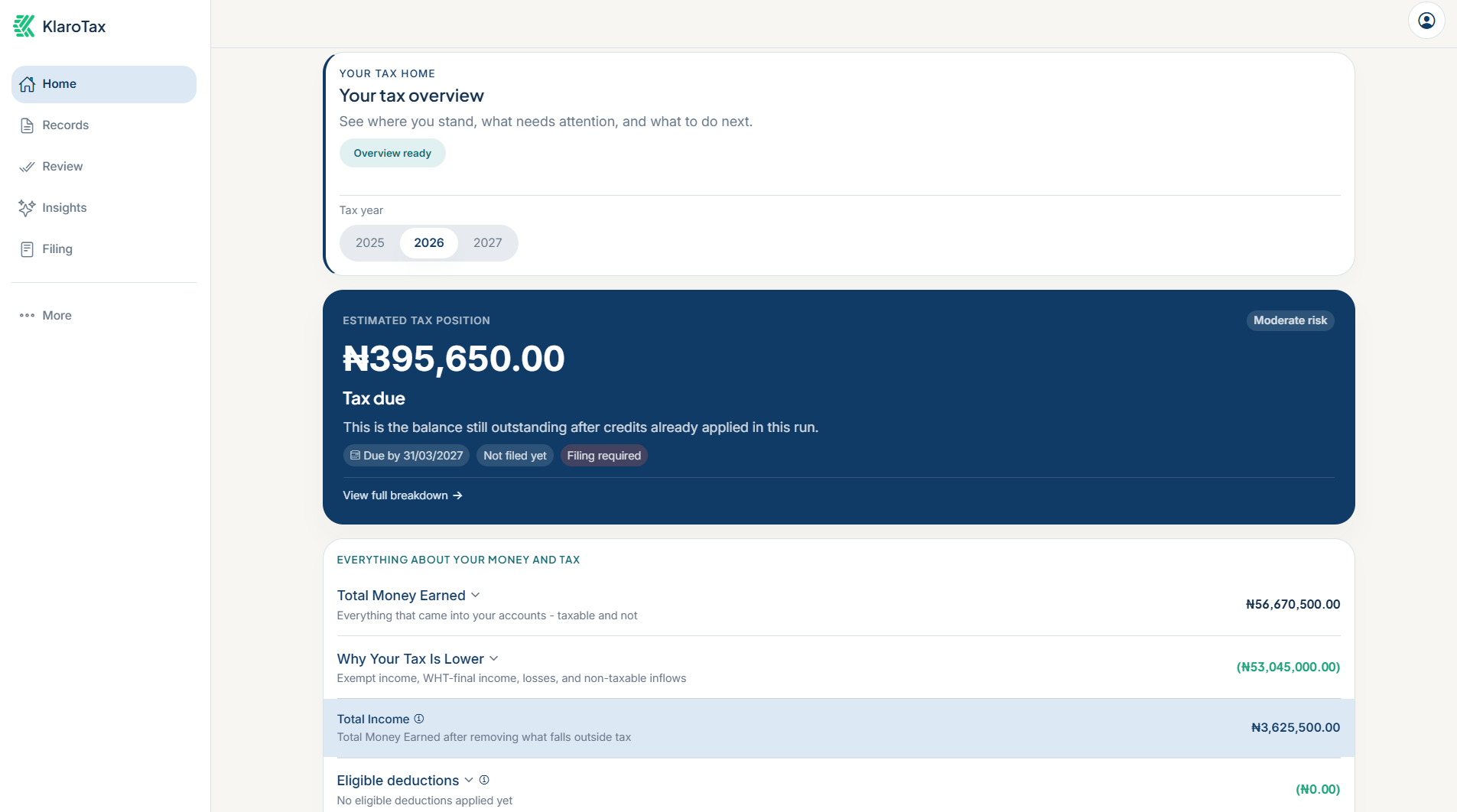 KlaroTax — your tax overview and estimated tax position