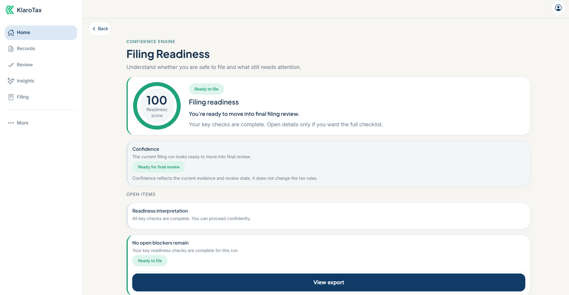 KlaroTax — filing readiness