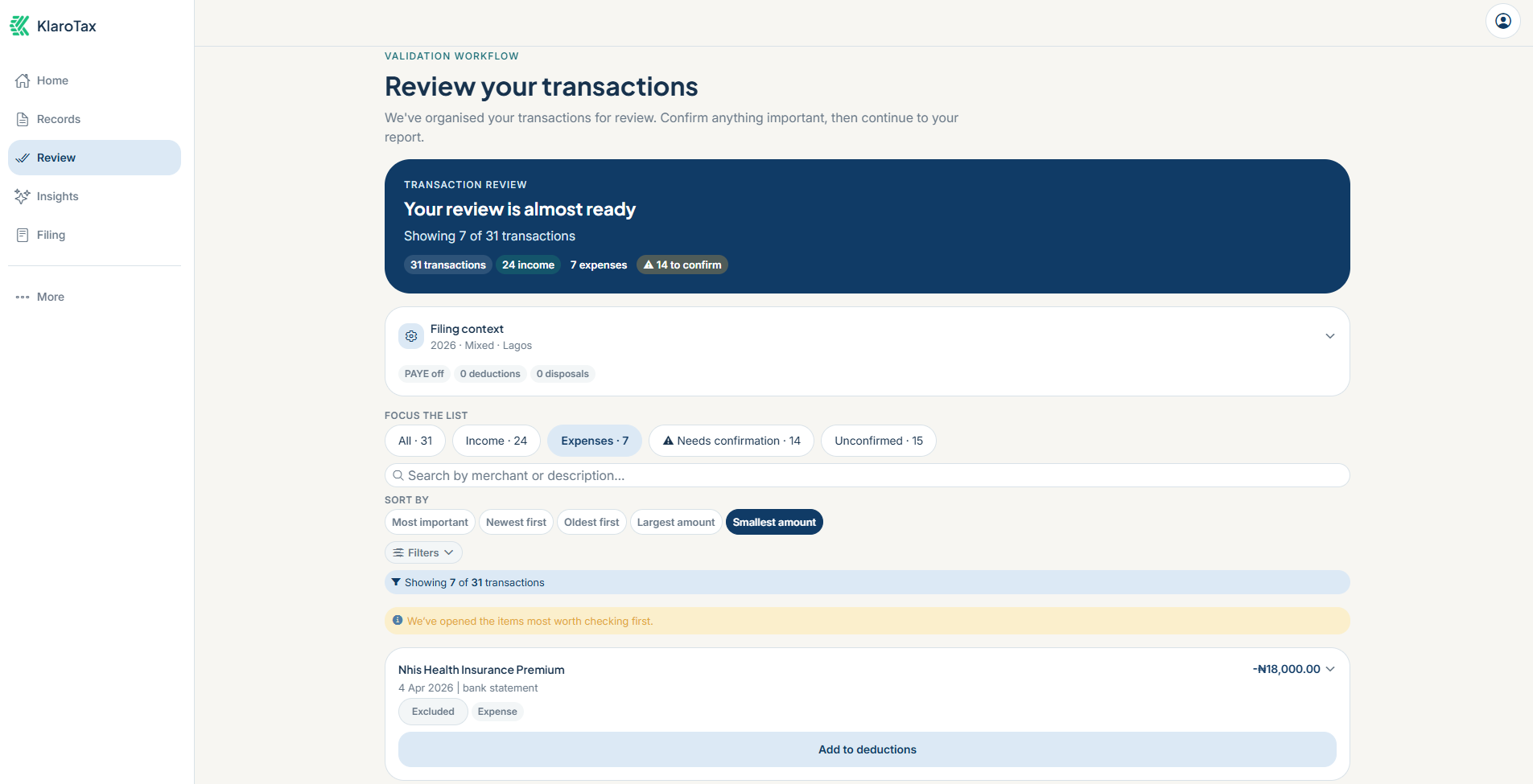 KlaroTax — review your transactions