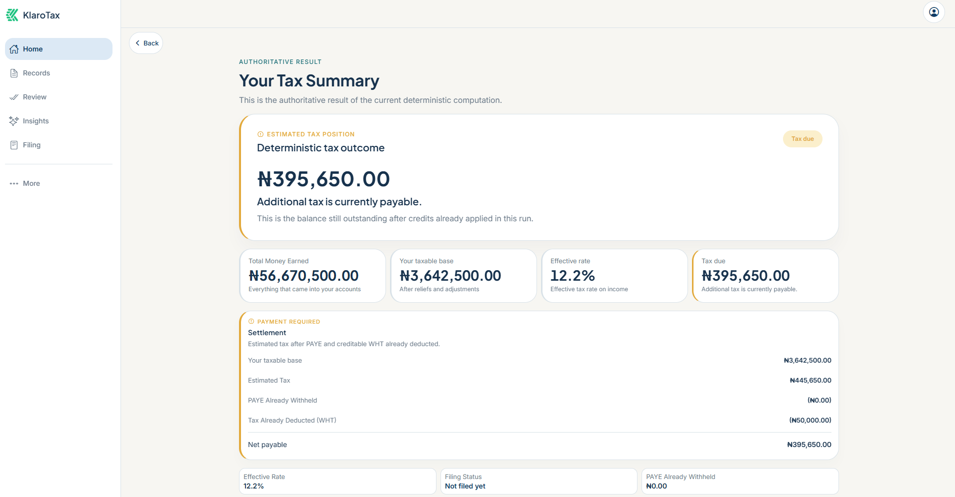 KlaroTax — tax summary